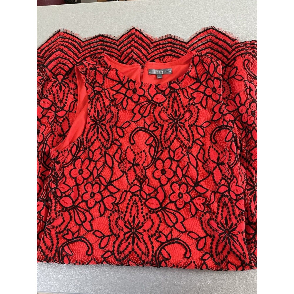 Sharagano Floral Lace Overlay Womens Cocktail Dress Size 14 Red Black Classic - Picture 12 of 13